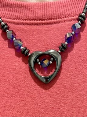 Women’s Jewelry Hematite Heart Pendant Necklace with Iridescent Purple Beads